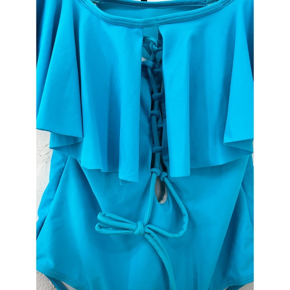 NEW Tempt Me Bathing Suit One Piece Turquoise Blue Ruffle Front Women's Size S - Picture 10 of 10